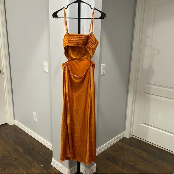 A.L.C. Blakely Cut Out Midi Dress in Rust Orange Size 10 Satin Flaw - Picture 13 of 14